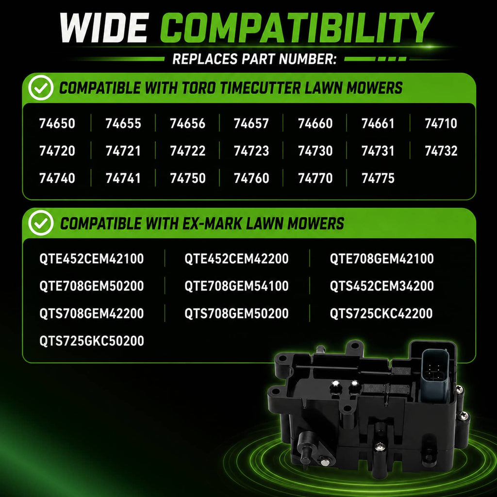 Brake control module for lawn mower, with front connector and side mounting tabs