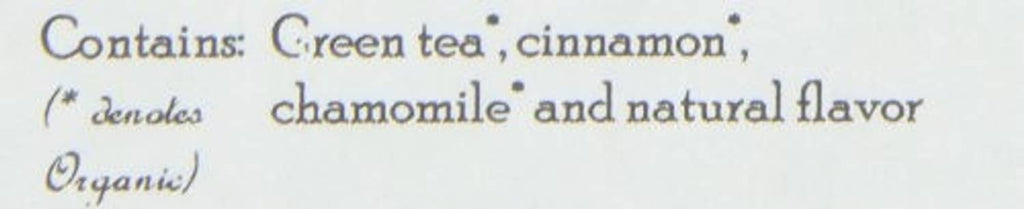 Ingredients text panel: green tea, cinnamon, chamomile, and natural flavor