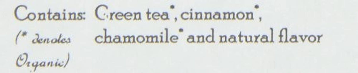 Ingredients text panel: green tea, cinnamon, chamomile, and natural flavor