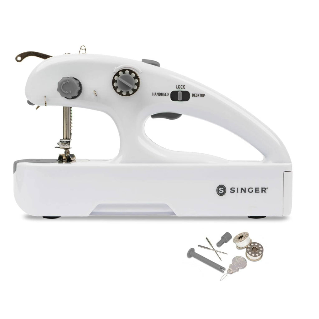 White handheld cordless mending machine with red buttons and stitch controls
