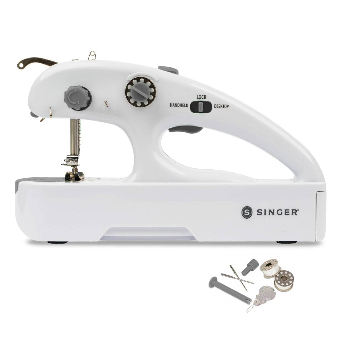 White handheld cordless mending machine with red buttons and stitch controls