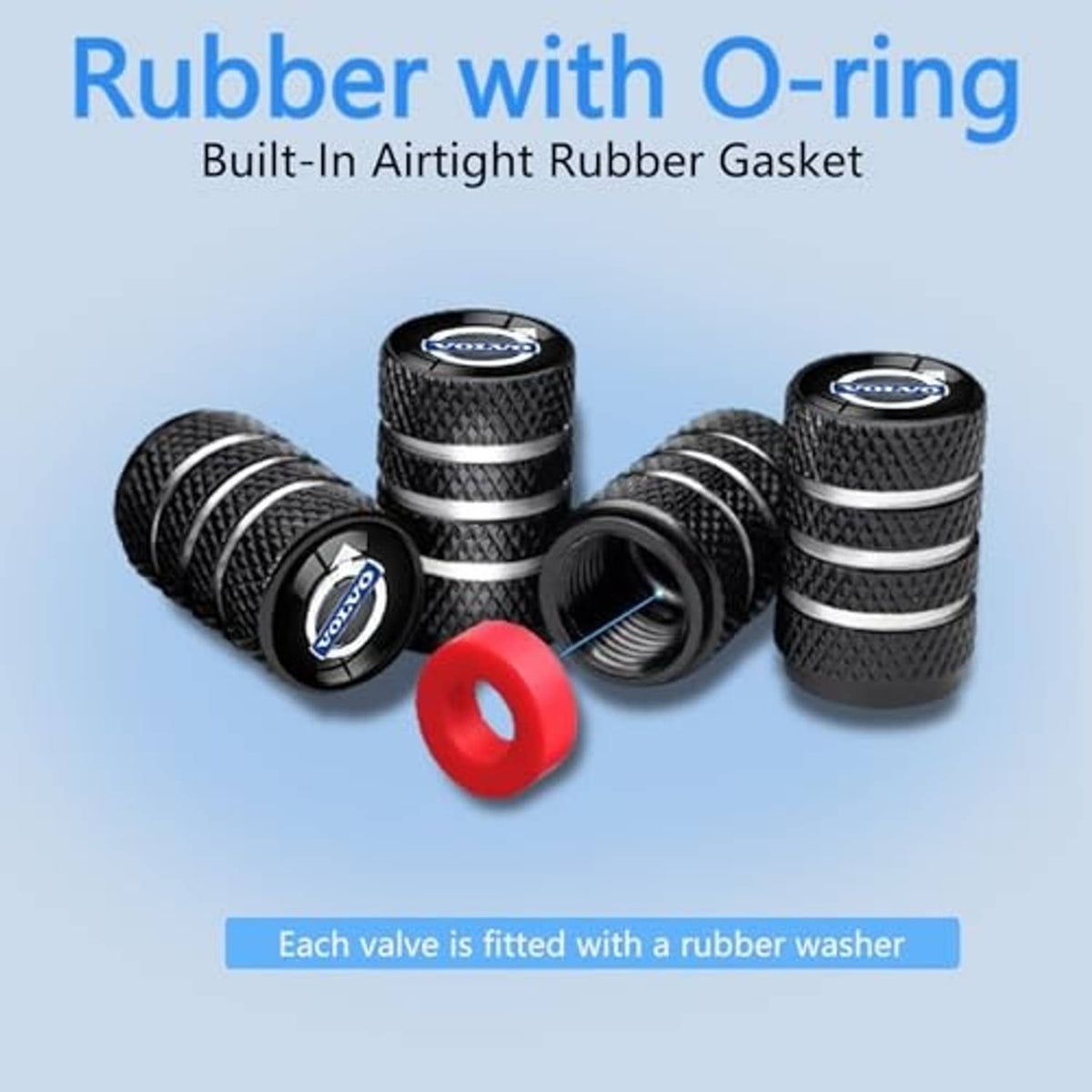 Tire valve stem caps set: black textured caps with silver stripes; red rubber piece included