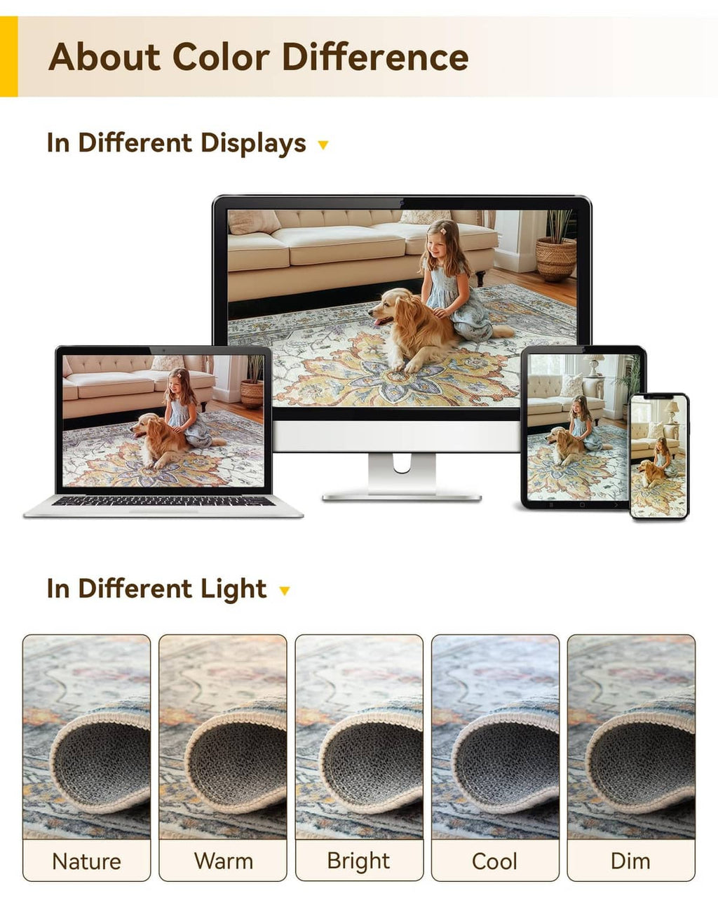 Washable area rug pattern showing color difference in different light displays