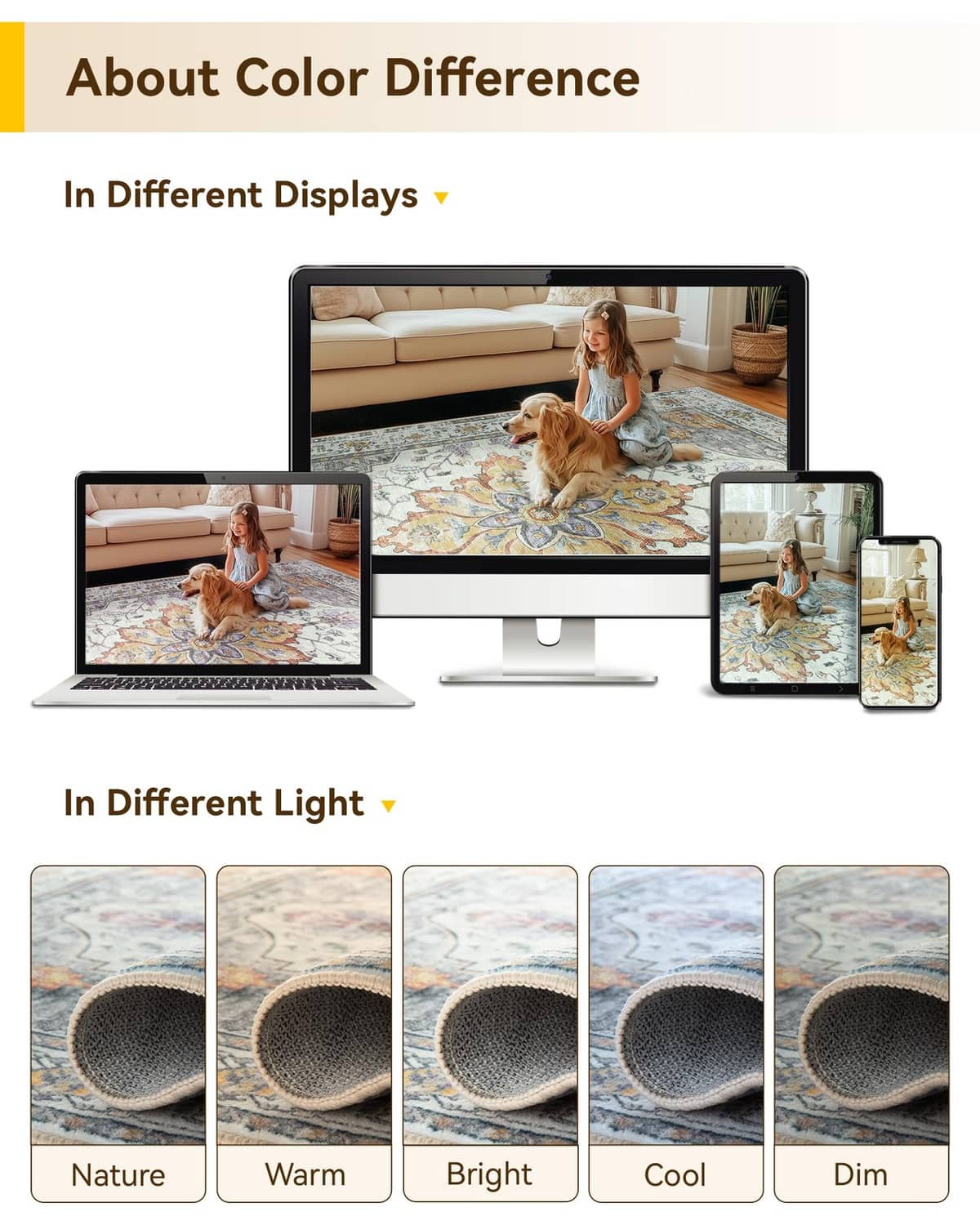 Washable area rug pattern showing color difference in different light displays