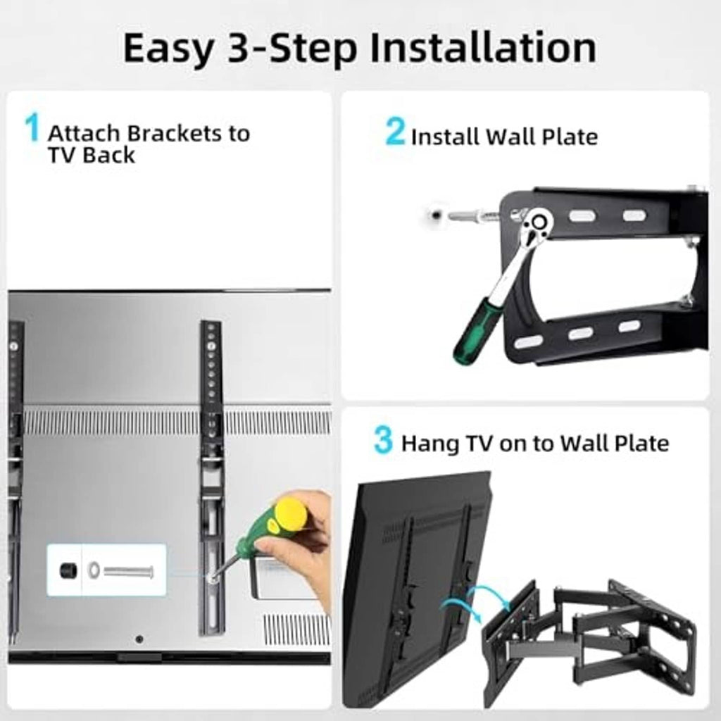 TV wall mount bracket with wall plate and mounting arms for easy three-step install
