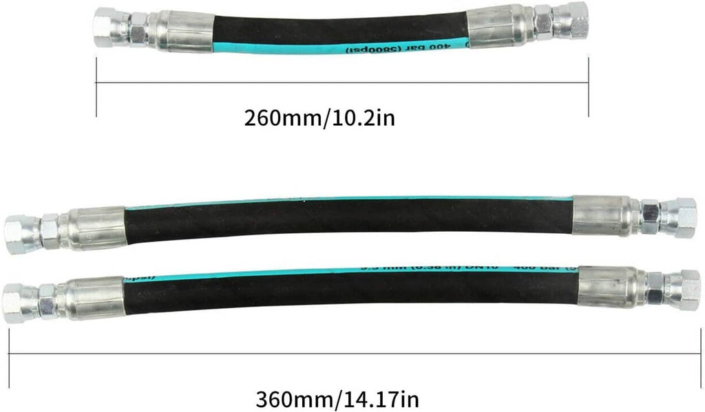 Long high-pressure oil pump hoses with black rubber body, teal stripe, chrome metal fittings