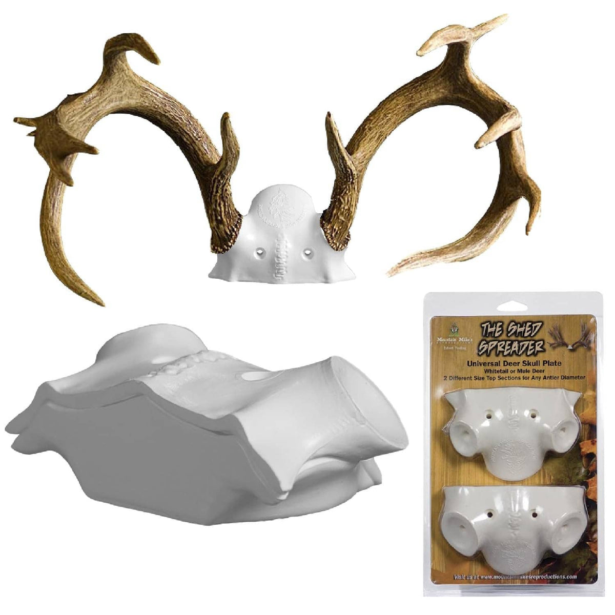 Antler mounting kit with white skull plate and two dark antler spreaders.