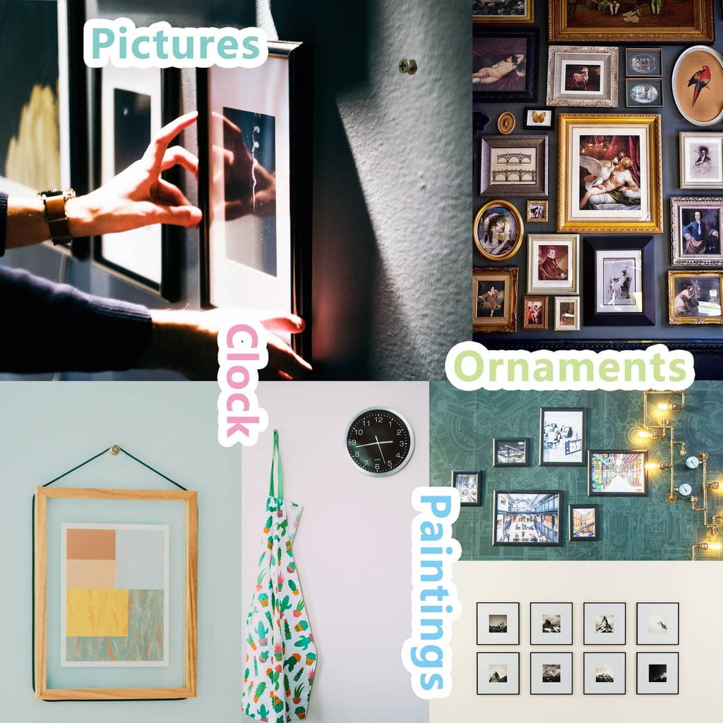 Small wall fastener hardware near picture frames in a home installation scene