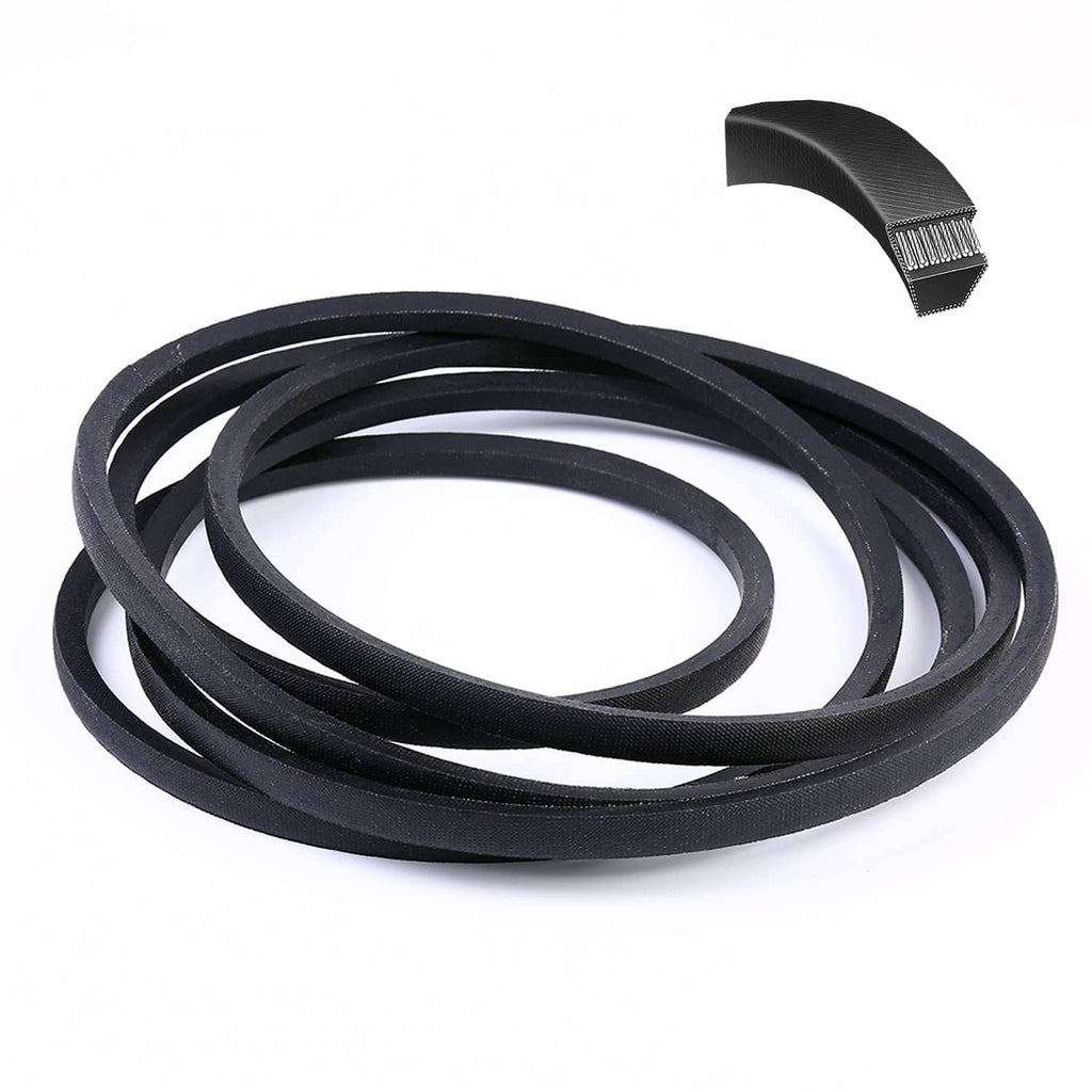Lawn mower deck belt, black rubber looped strands with ribbed end connector tab