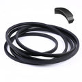 Lawn mower deck belt, black rubber looped strands with ribbed end connector tab