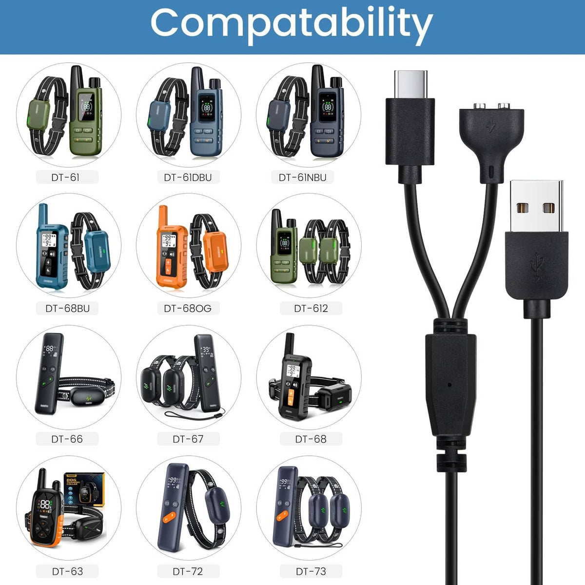 Black charging cables with USB connectors, paired for shock collar compatibility