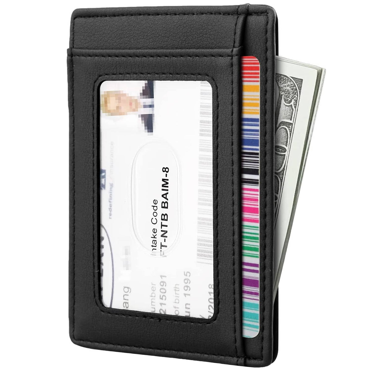 Black leather slim wallet with clear window ID card slot and card holding pocket