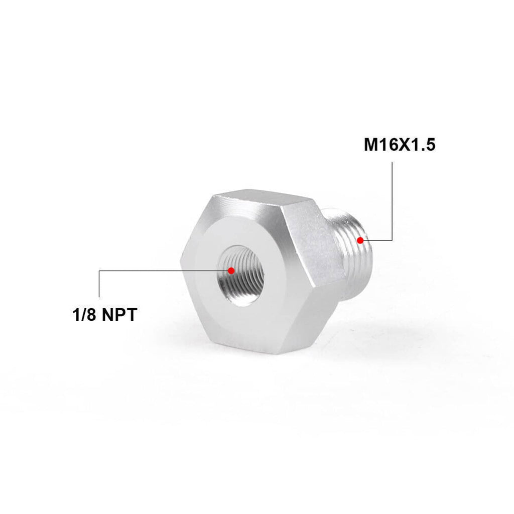 Oil pressure sensor adapter showing 1/8 NPT and M16X1.5 thread ports on hex body