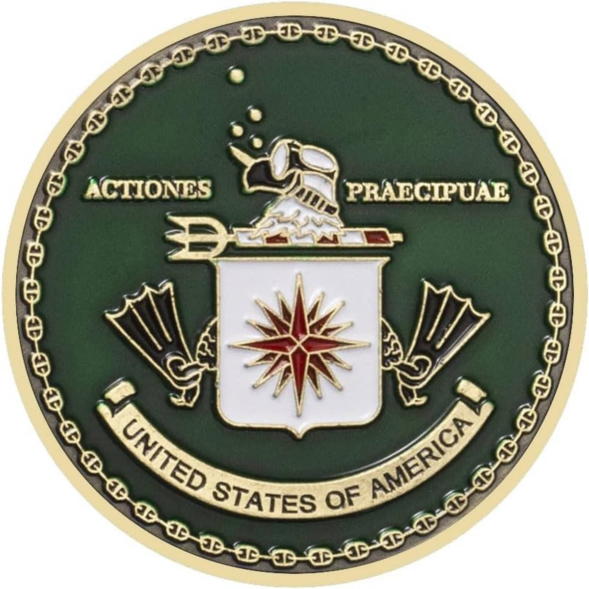 Round challenge award coin with green center, gold emblem, and chain border