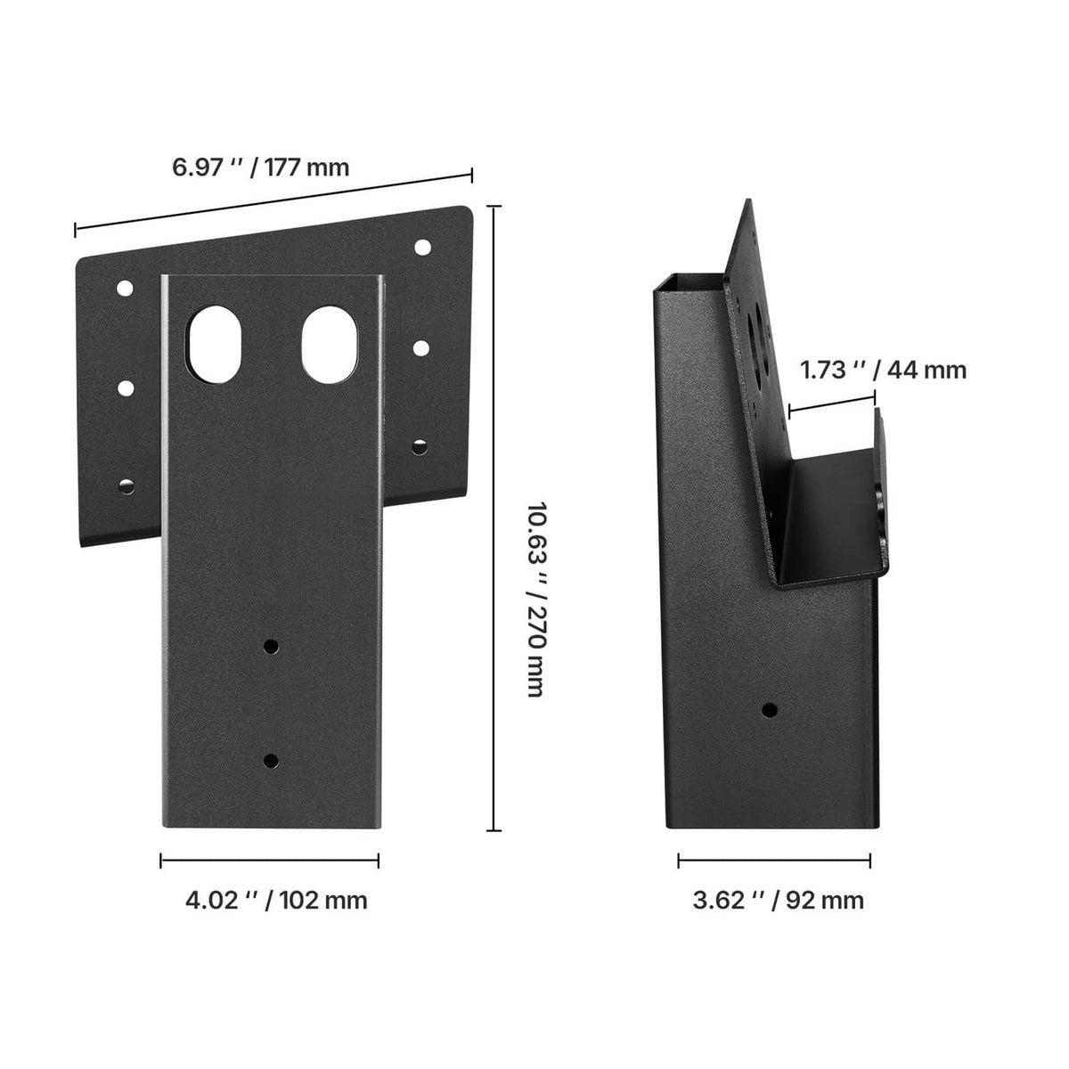 Black steel platform bracket dimensions view: front plate and angled side support