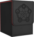 Black magnetic card deck box with embossed game symbol and red-trimmed edge stitching