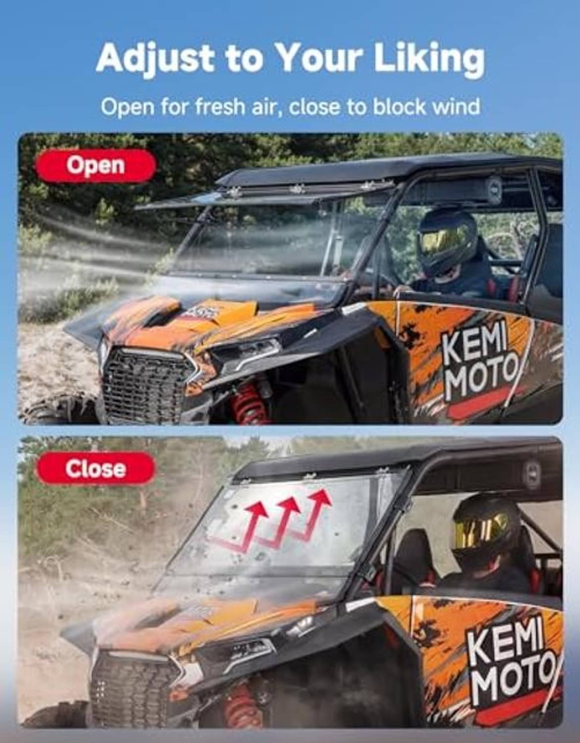 Two-position front flip windshield with open and closed clear panels for UTV