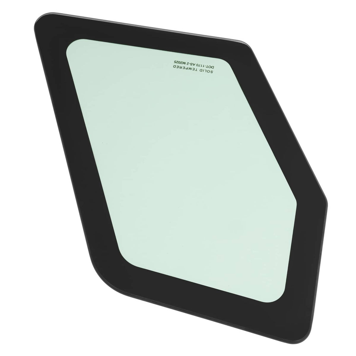 Cab window glass insert with black outer frame and light green tinted rectangular panel