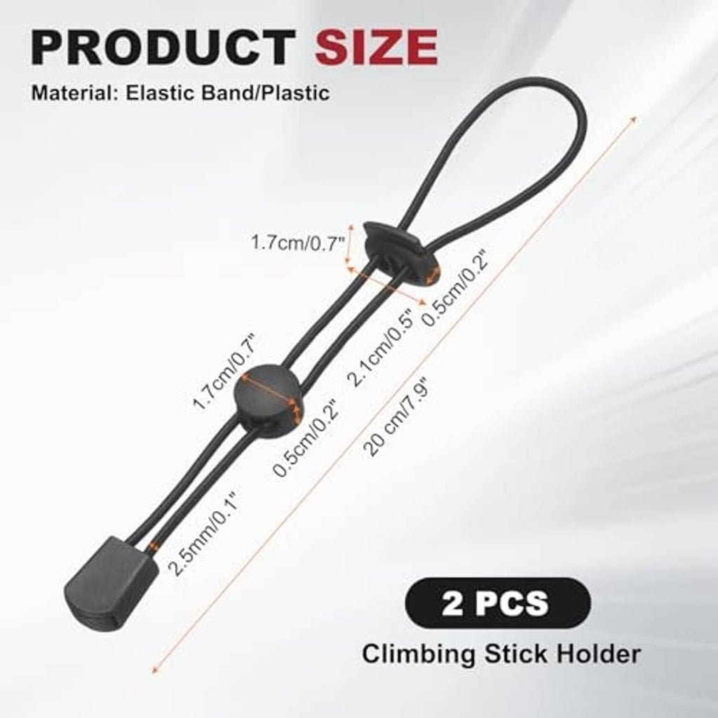 Black elastic trekking pole holders with adjustable loop straps, shown with size guide