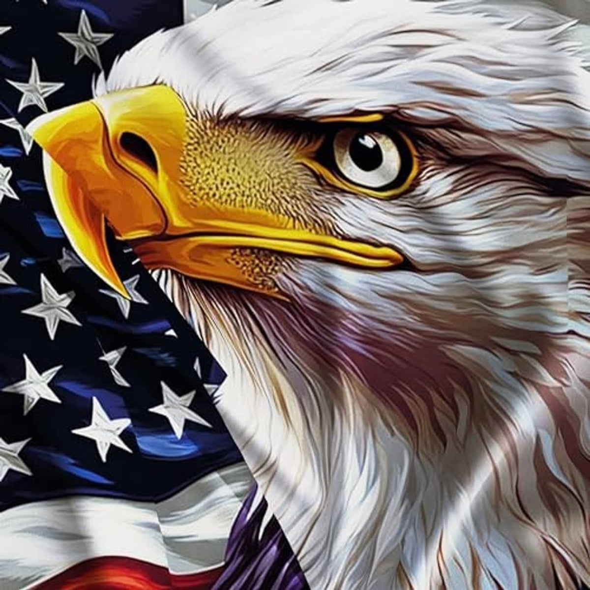 Close-up eagle patriotic flag print with yellow beak and white feathered details
