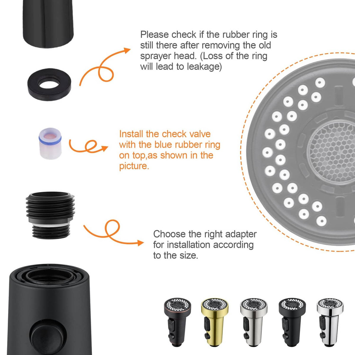 Faucet head replacement installation diagram with rubber ring, adapters, and threaded connections
