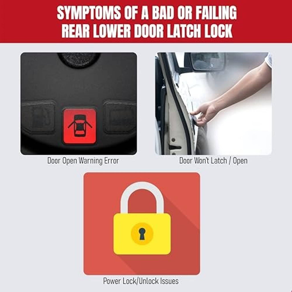 Rear lower door latch lock symptom graphic with door warning and power lock icons