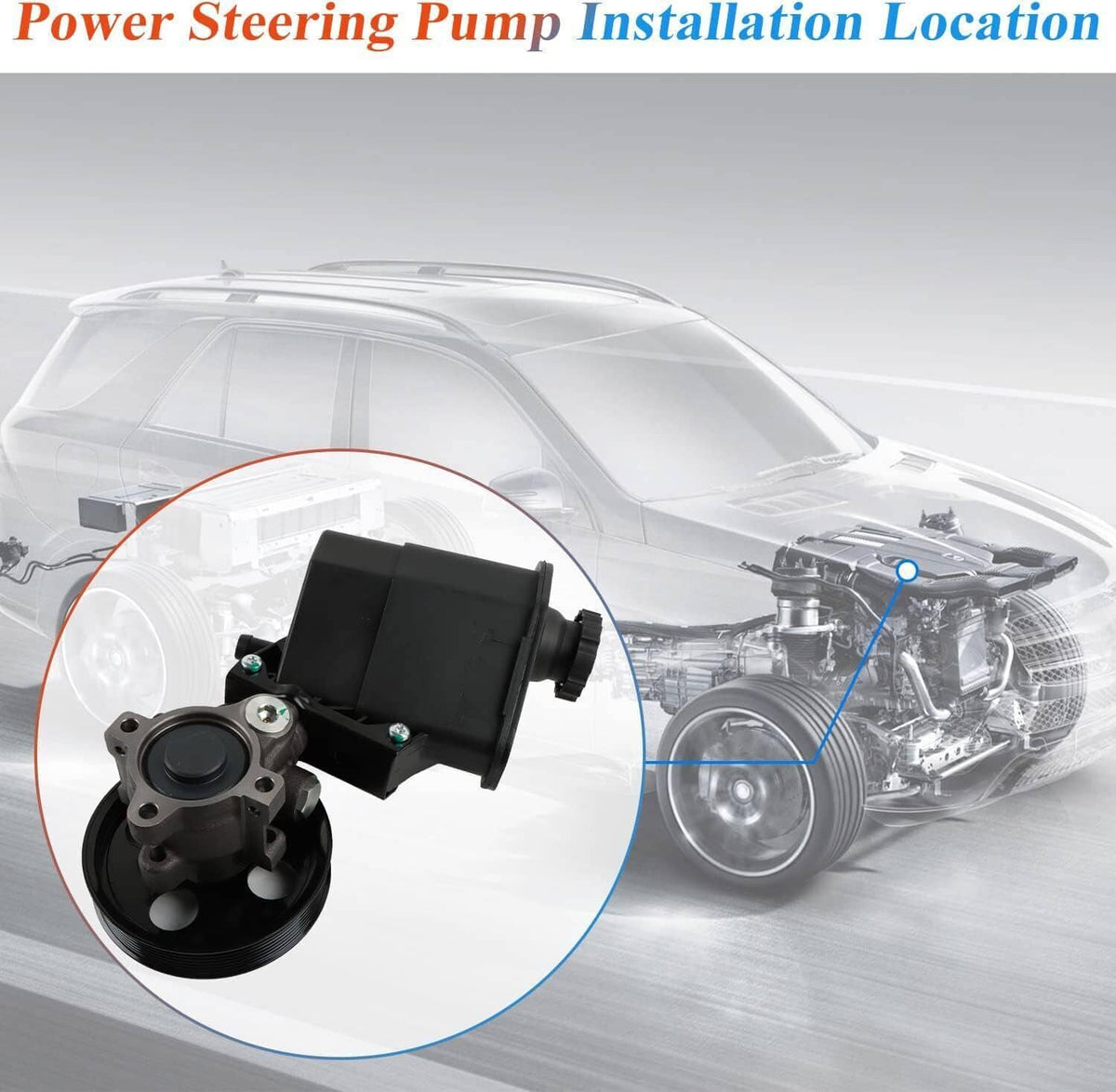 Power steering pump with reservoir and pulley, shown mounted with black housing and pulley