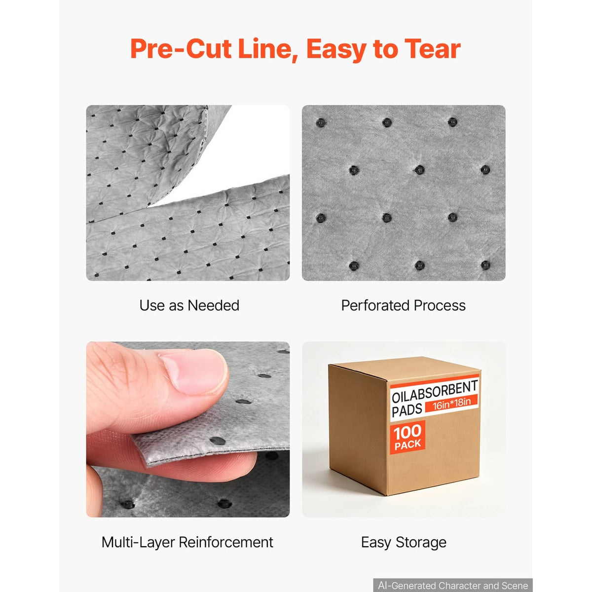 Perforated oil absorbent pads with tear line, multi-layer grey sheets, 16 x 18 in.