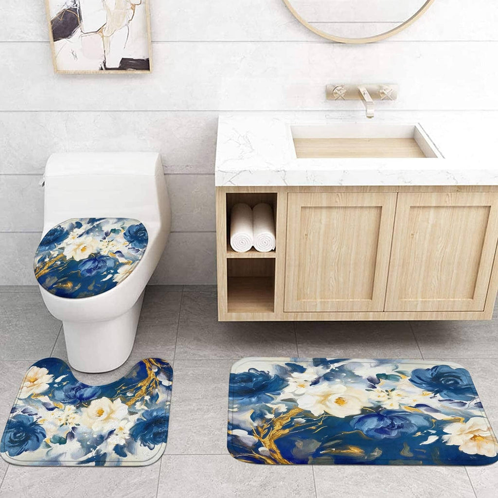 Blue floral bath rugs with matching toilet mat cover