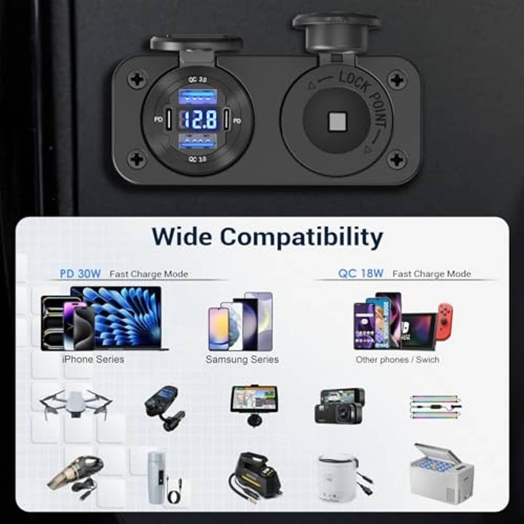 Black dual USB charging socket with lock dial and blue QC/PD LED voltage meter