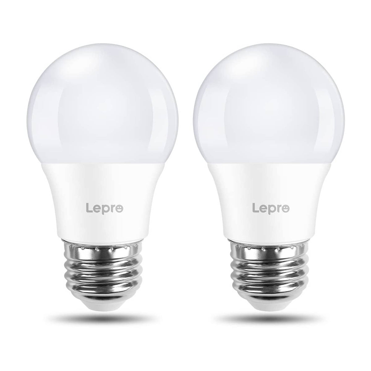 Two white LED refrigerator light bulbs with globe tops and metal screw bases