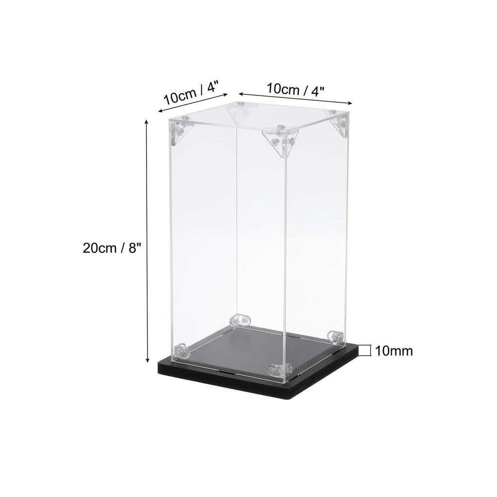 Clear acrylic display case with black base, transparent walls, corner brackets visible.