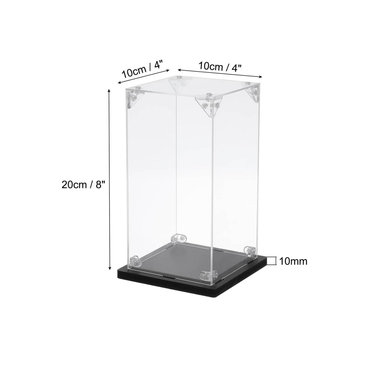 Clear acrylic display case with black base, transparent walls, corner brackets visible.