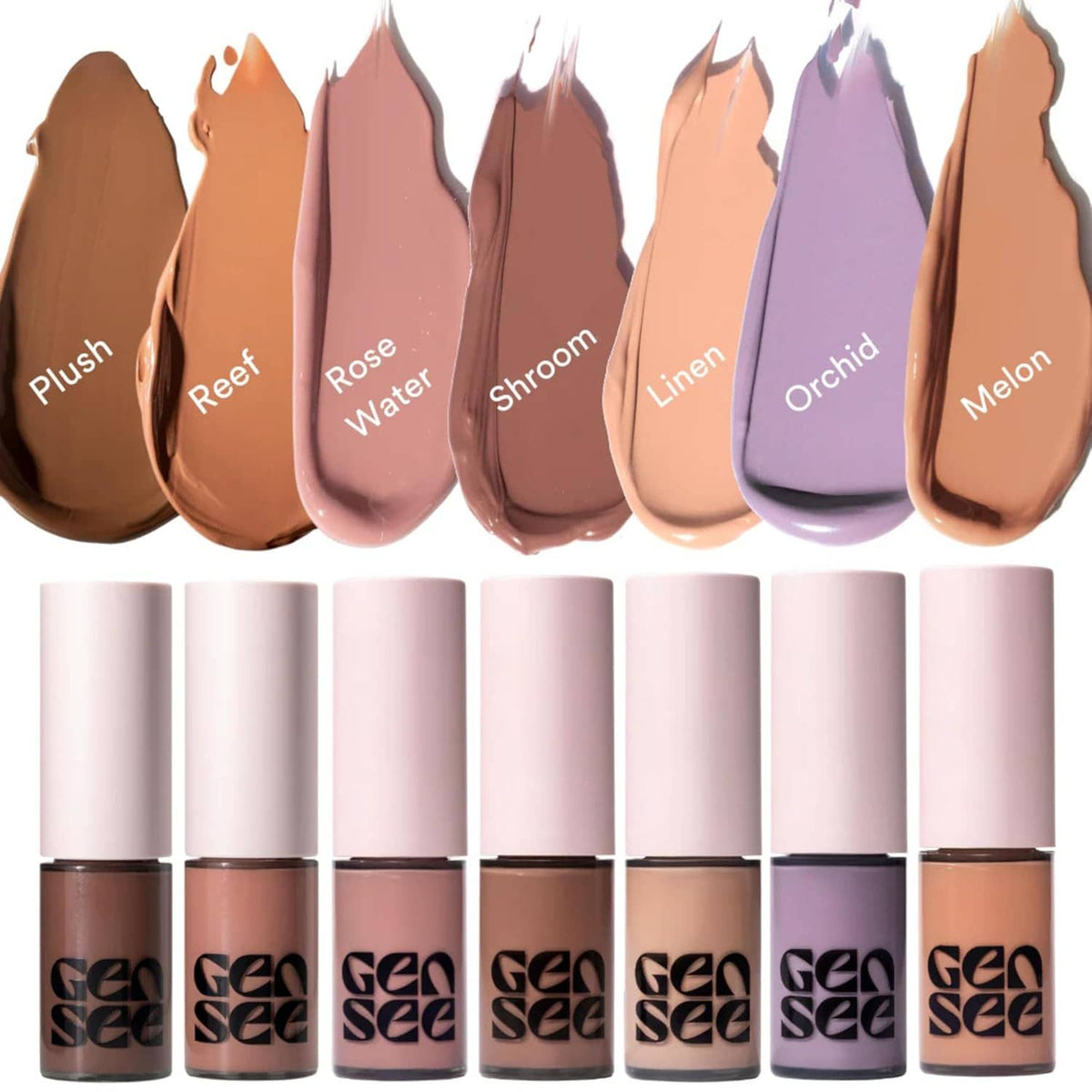 Assortment of matte liquid eyeshadow shades with swatch drops and pink-capped tubes