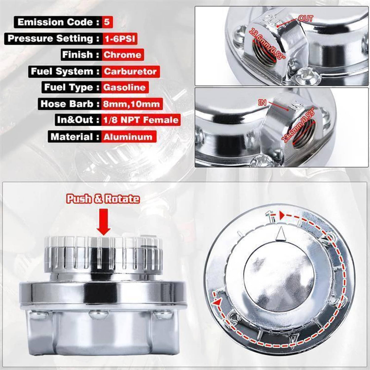 Chrome adjustable fuel pressure regulator with visible in/out connectors and top knob