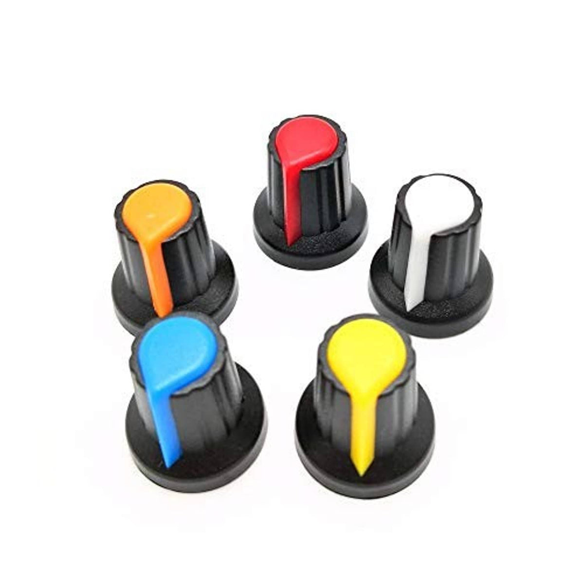 Potentiometer knob switch caps, black bases with red, orange, blue, yellow, and white tops