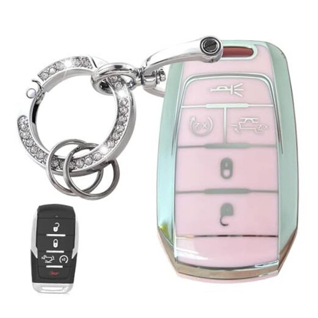 Silver key fob cover shell, pink/mint button panel with 5 buttons and key ring