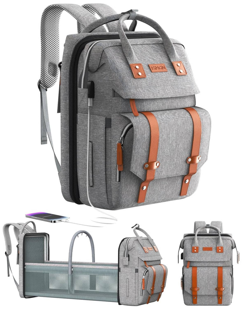 Dark grey diaper bag backpack with orange-brown leather-look straps and side pockets