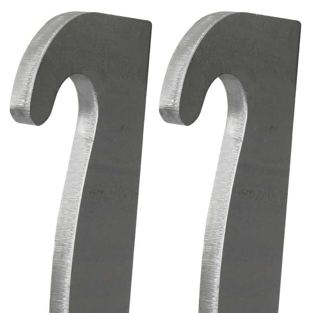 Two dark gray steel brackets with large arched openings and curved silver top edges