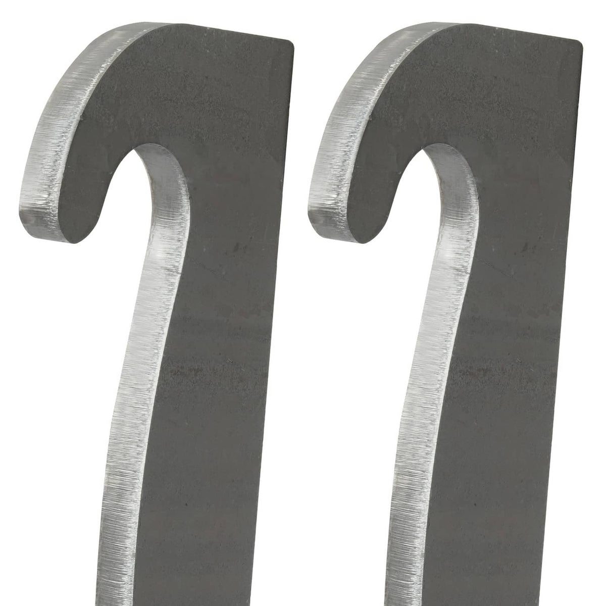 Two dark gray steel brackets with large arched openings and curved silver top edges