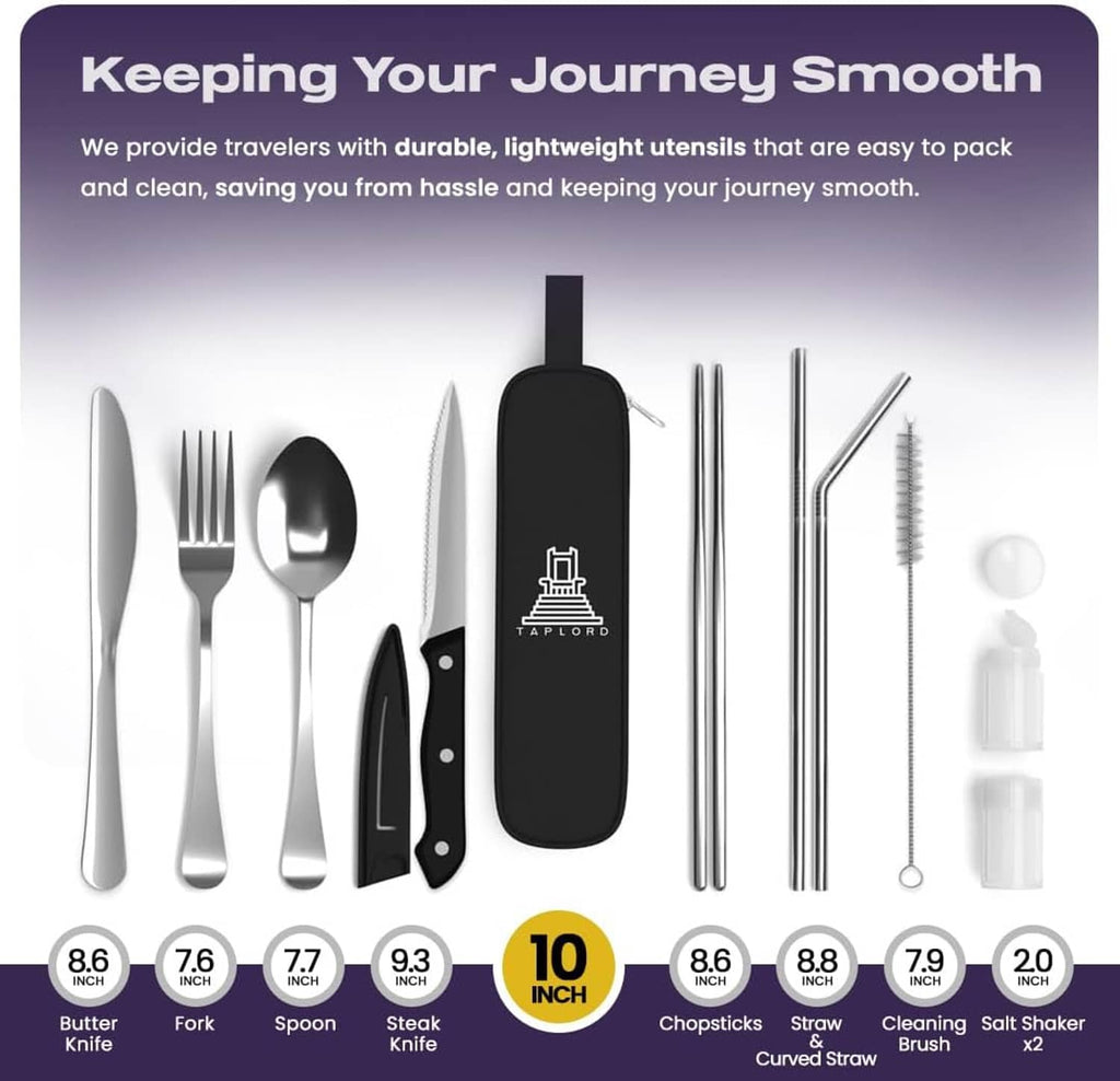 Stainless travel utensil set with black case, including fork, spoon, knife, and straws