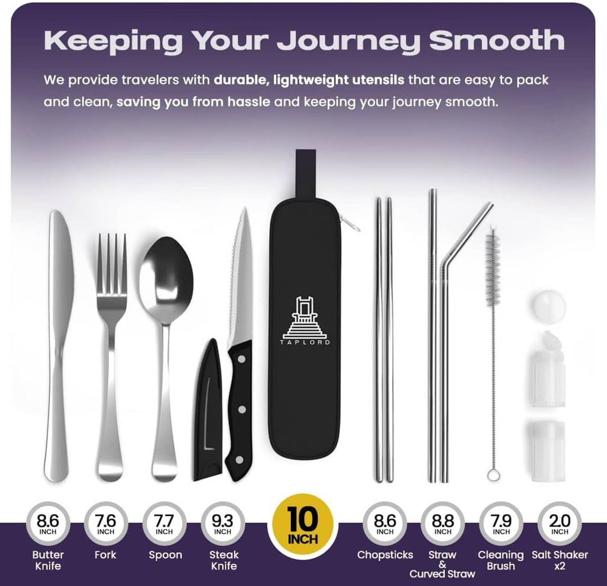 Stainless travel utensil set with black case, including fork, spoon, knife, and straws