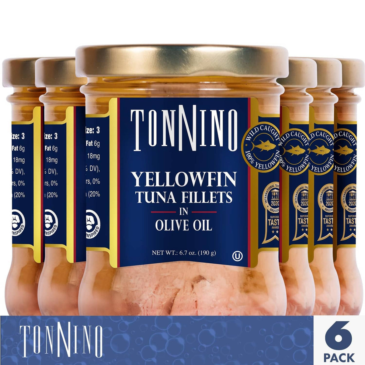 Multi-pack of Tonnino yellowfin tuna fillets jars in olive oil, showing front labels