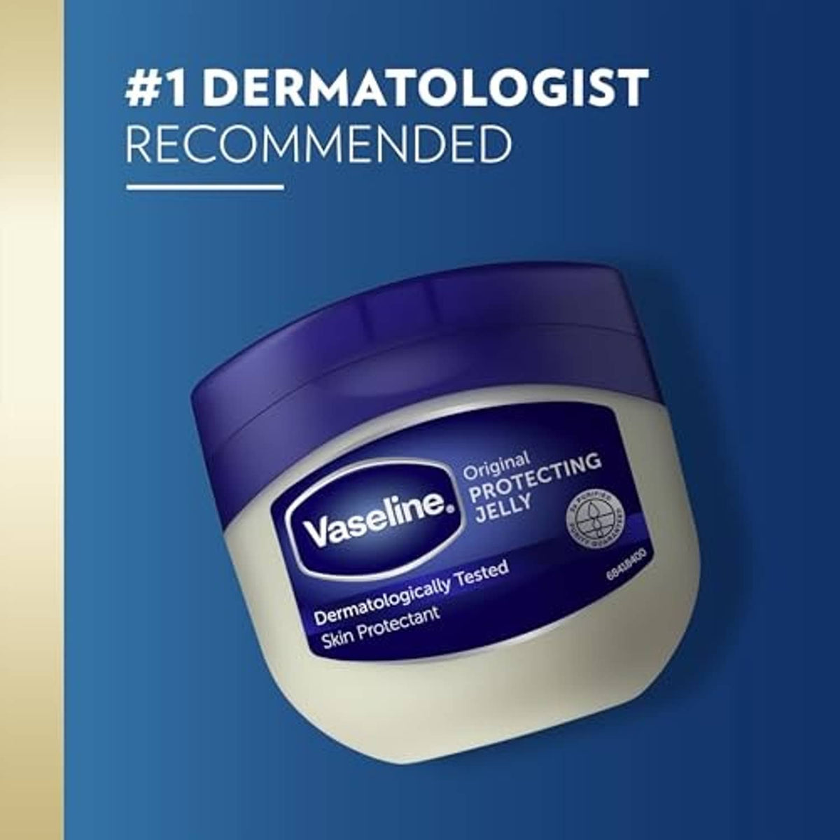 Vaseline protecting jelly jar with purple lid; dermatologist recommended text