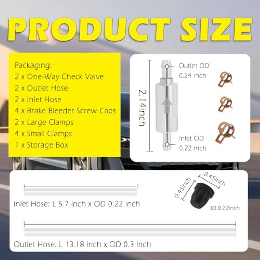 Brake bleeder one-way check valve with inlet/outlet hoses, silver valve and black caps