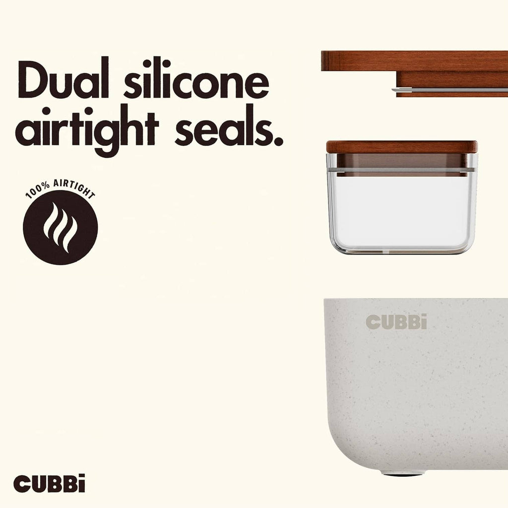 Airtight storage container with dual silicone seals, transparent glass body and wooden lid.