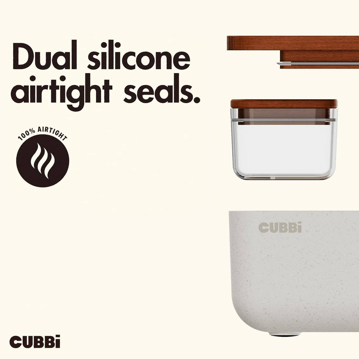 Airtight storage container with dual silicone seals, transparent glass body and wooden lid.
