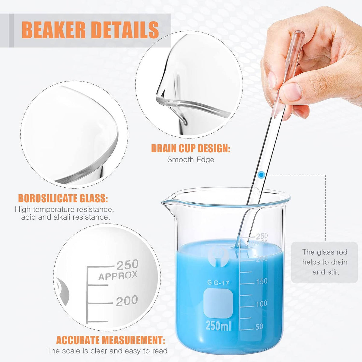 Clear borosilicate glass measuring beaker with drain cup spout and measurement scale