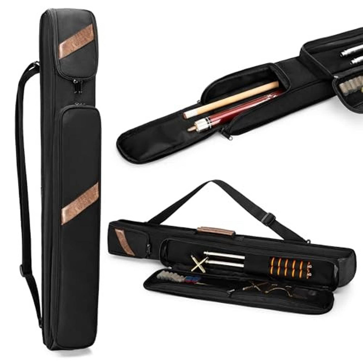 Black pool cue case opened to show cue butt and shaft sections inside