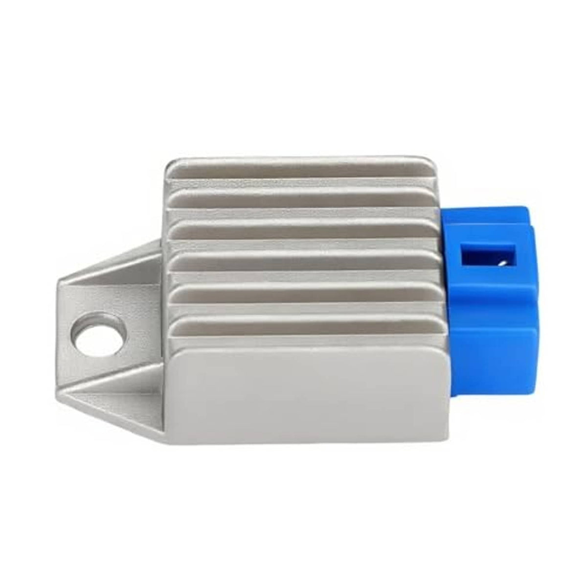 Voltage regulator, silver heatsink module with blue connector plug, front angle